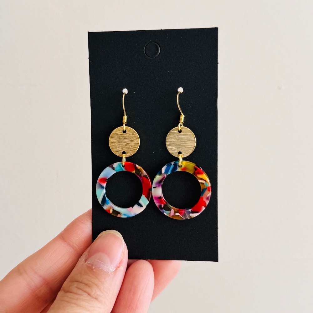 Brand new resin earrings, colorful, gold plated surgical steel hooks